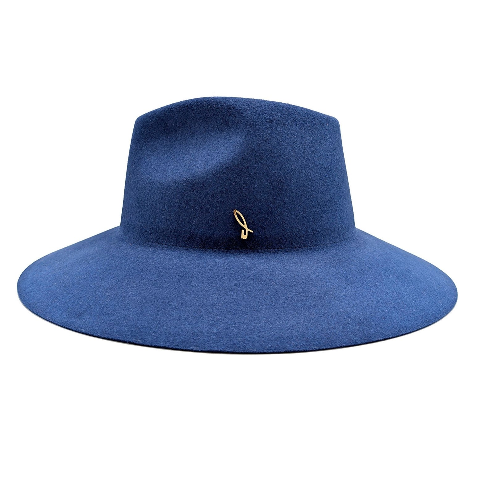 Blue fedora hat with a small decorative emblem on a white background