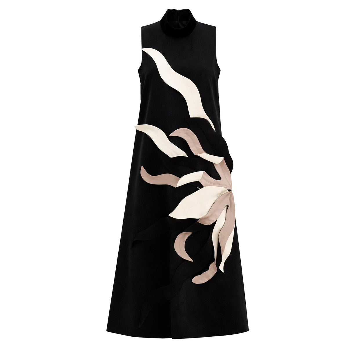 The JULIA ALLERT High Neck Sleeveless A-Line Dress in black features layered cream, taupe, and black appliqué, creating a floral or wave effect for a standout evening look.