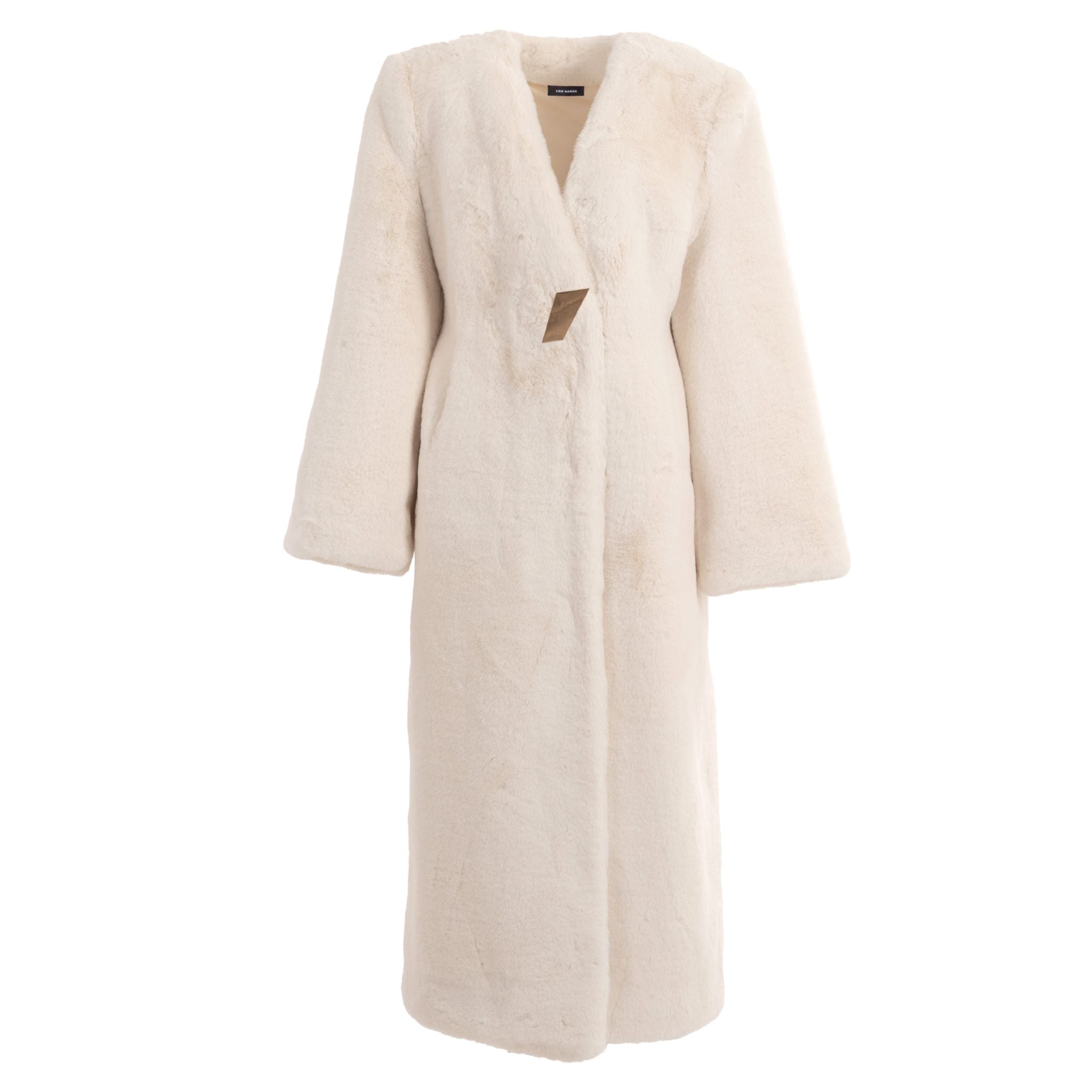 The KRIS MARÁN Fur Maxi Coat With Signature Button is an off-white, long, fit-cut faux fur maxi coat with full-length sleeves, a deep V-neck, and a single gold button closure at the neckline, shown on a white background.