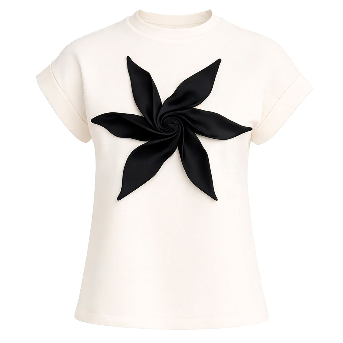 An off-white JULIA ALLERT Crew-Neck Jersey T-Shirt with short sleeves, featuring a bold black flower appliqué at the center of the chest.
