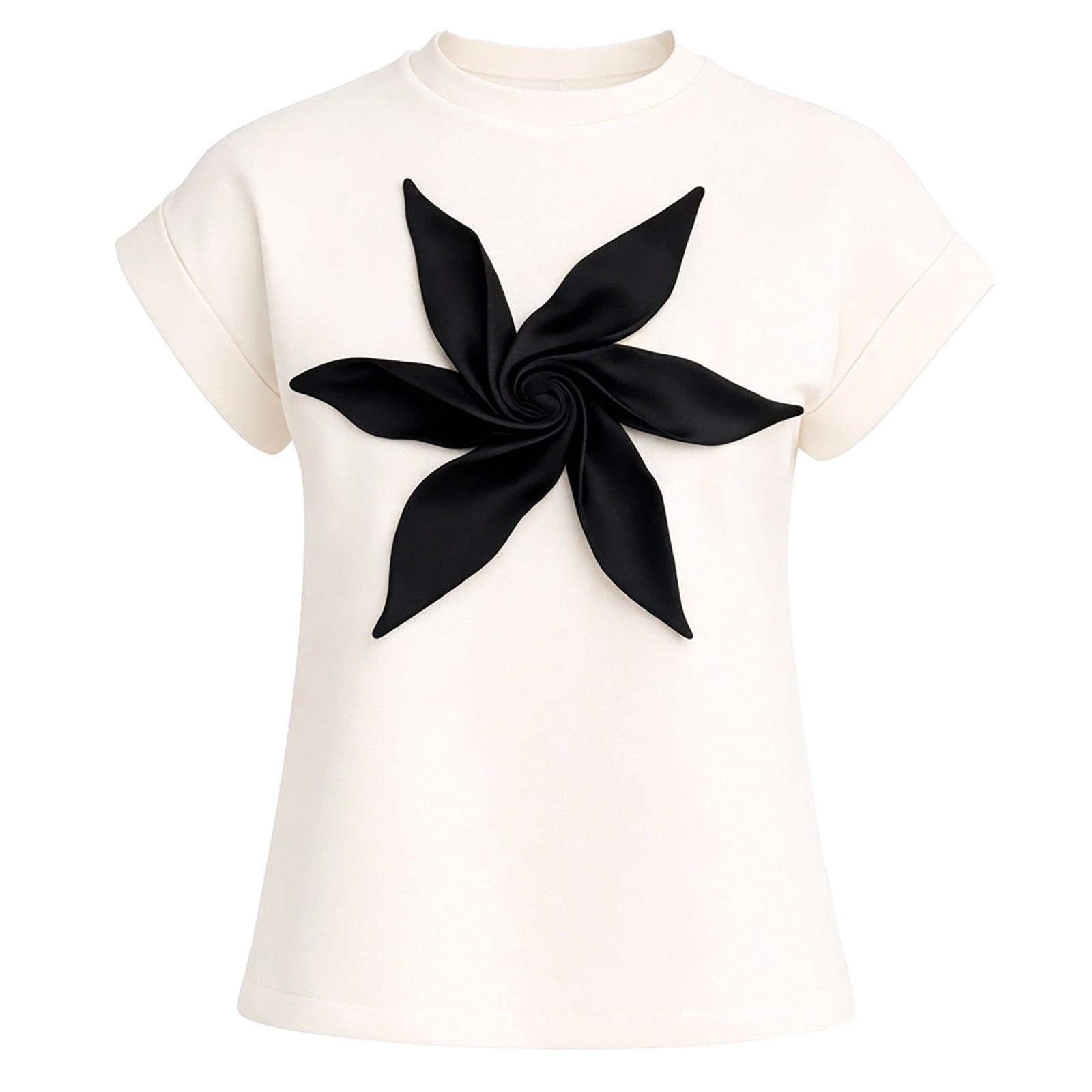 An off-white JULIA ALLERT Crew-Neck Jersey T-Shirt with short sleeves, featuring a bold black flower appliqué at the center of the chest.