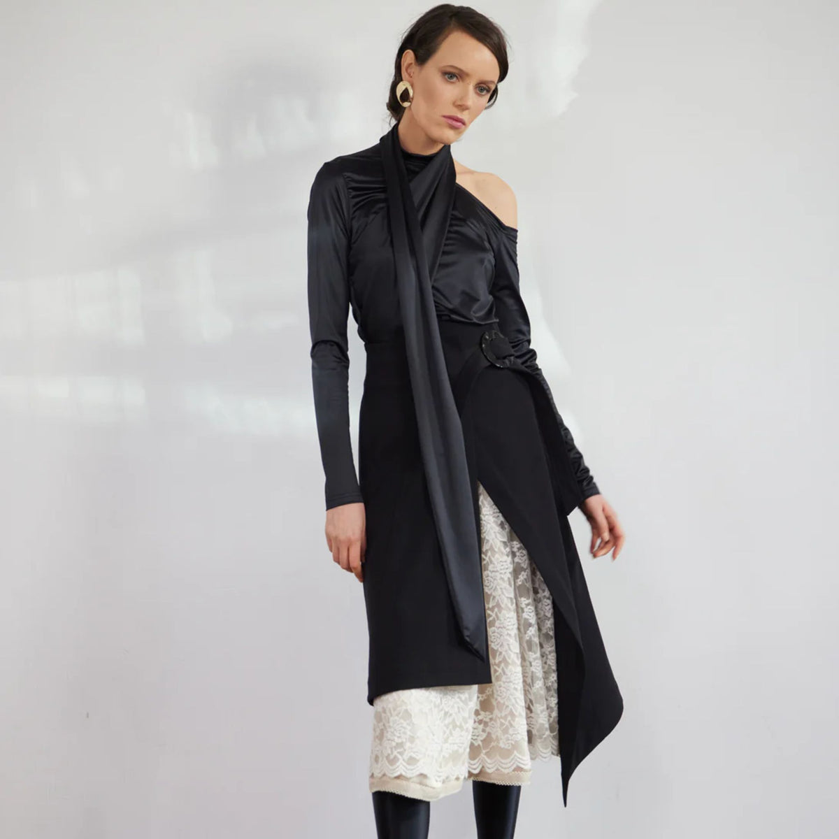 JULIA ALLERT - Draped Shoulder Long-Sleeve Blouse | Black, buy at DOORS NYC