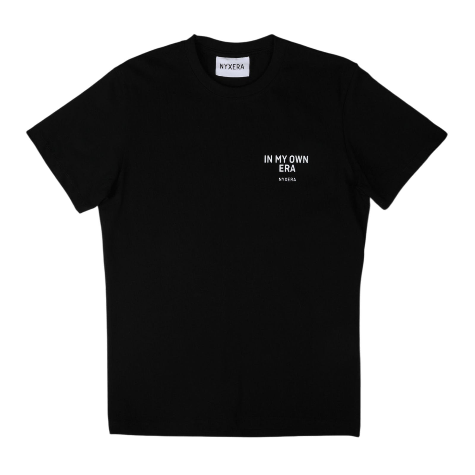 Black t-shirt with white text on a white background
