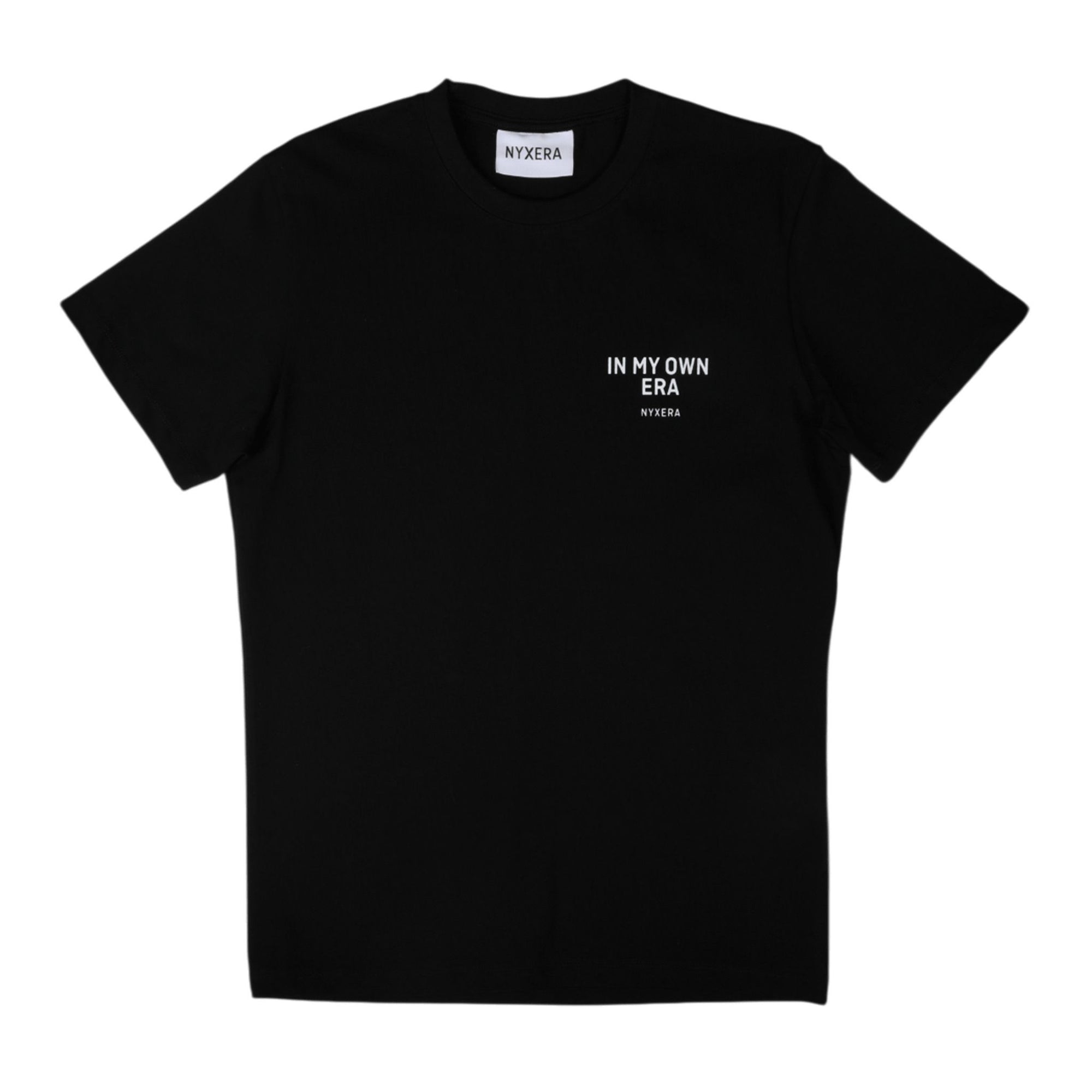 Black t-shirt with white text on a white background