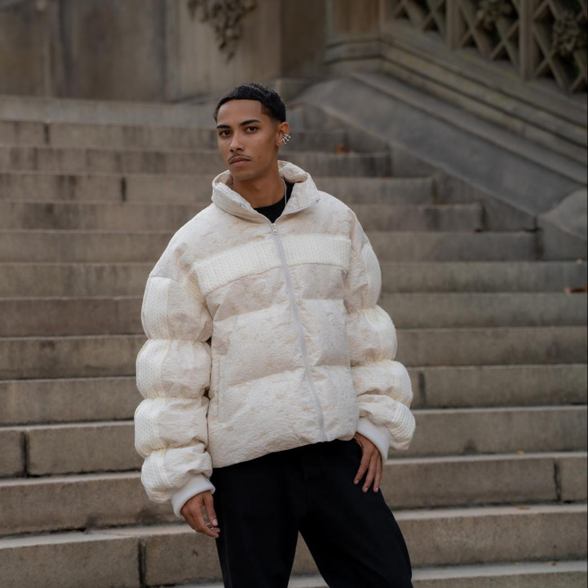 White Sculptural STREAM Puffer Jacket with Ribbed Sleeves