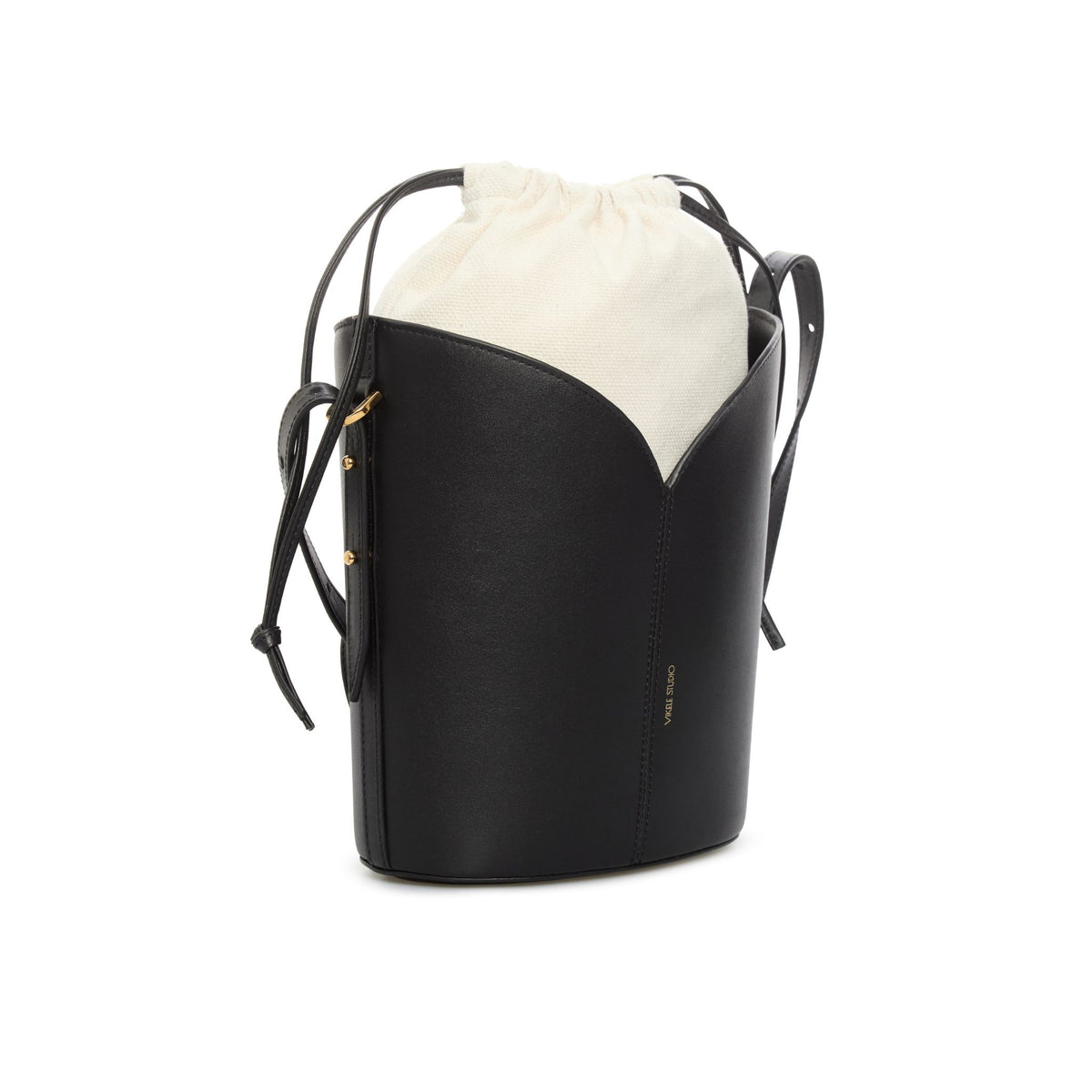 Black and white bucket bag on a white background