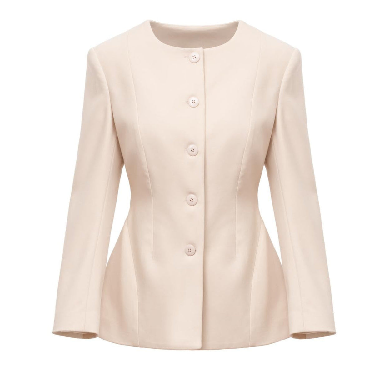 Sculpted Peplum-Hem Collarless Beige Jacket