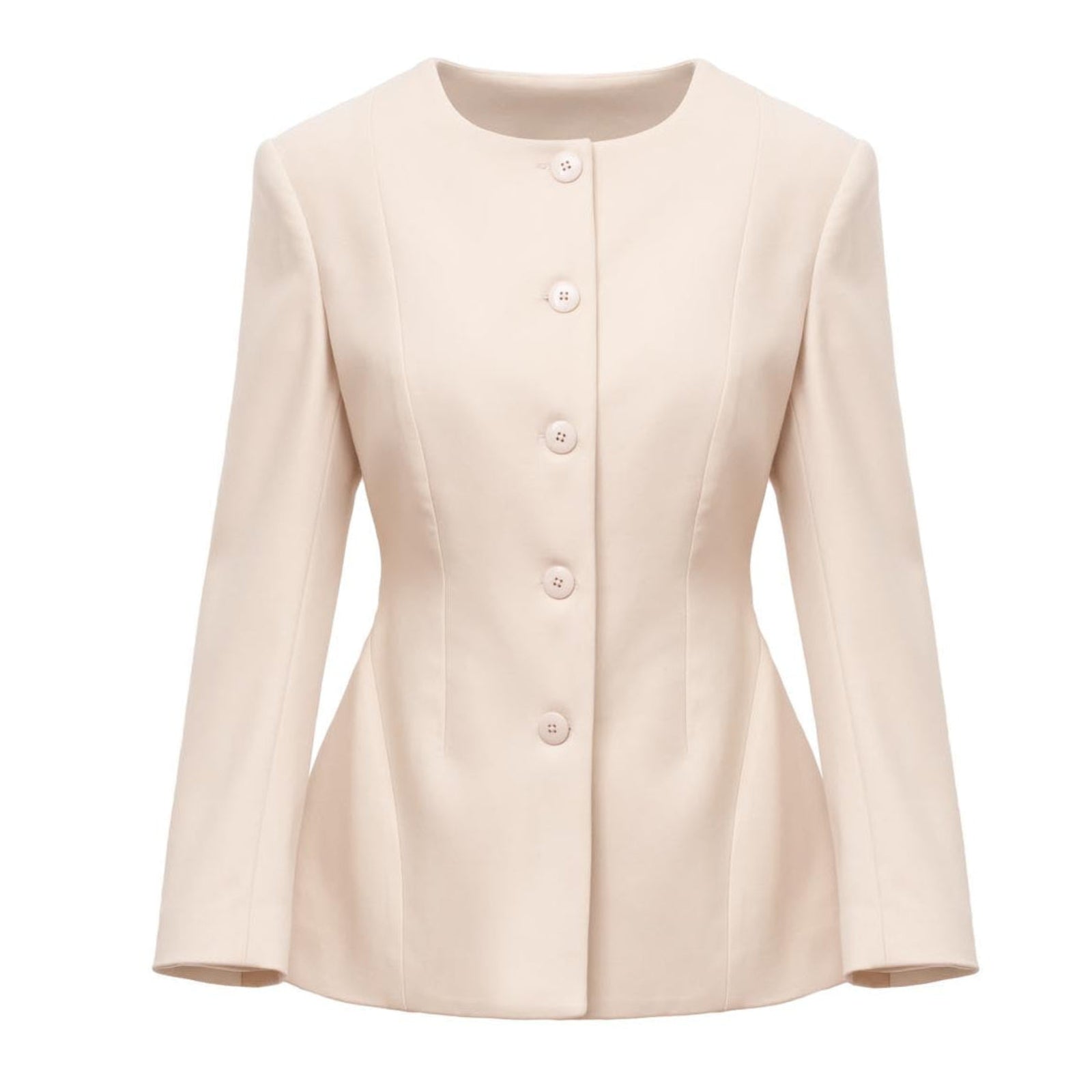 Sculpted Peplum-Hem Collarless Beige Jacket