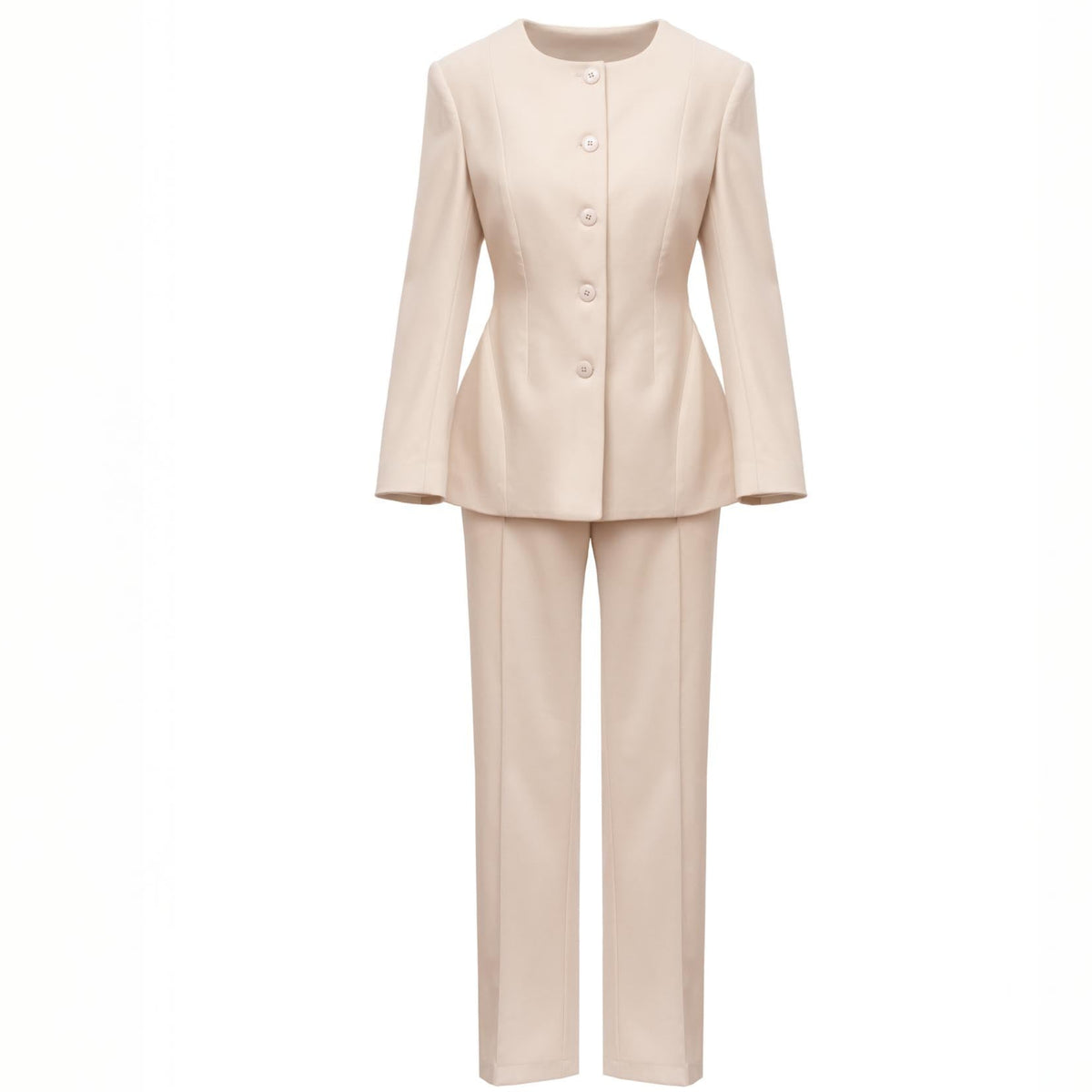 Sculpted Peplum-Hem Collarless Beige Jacket
