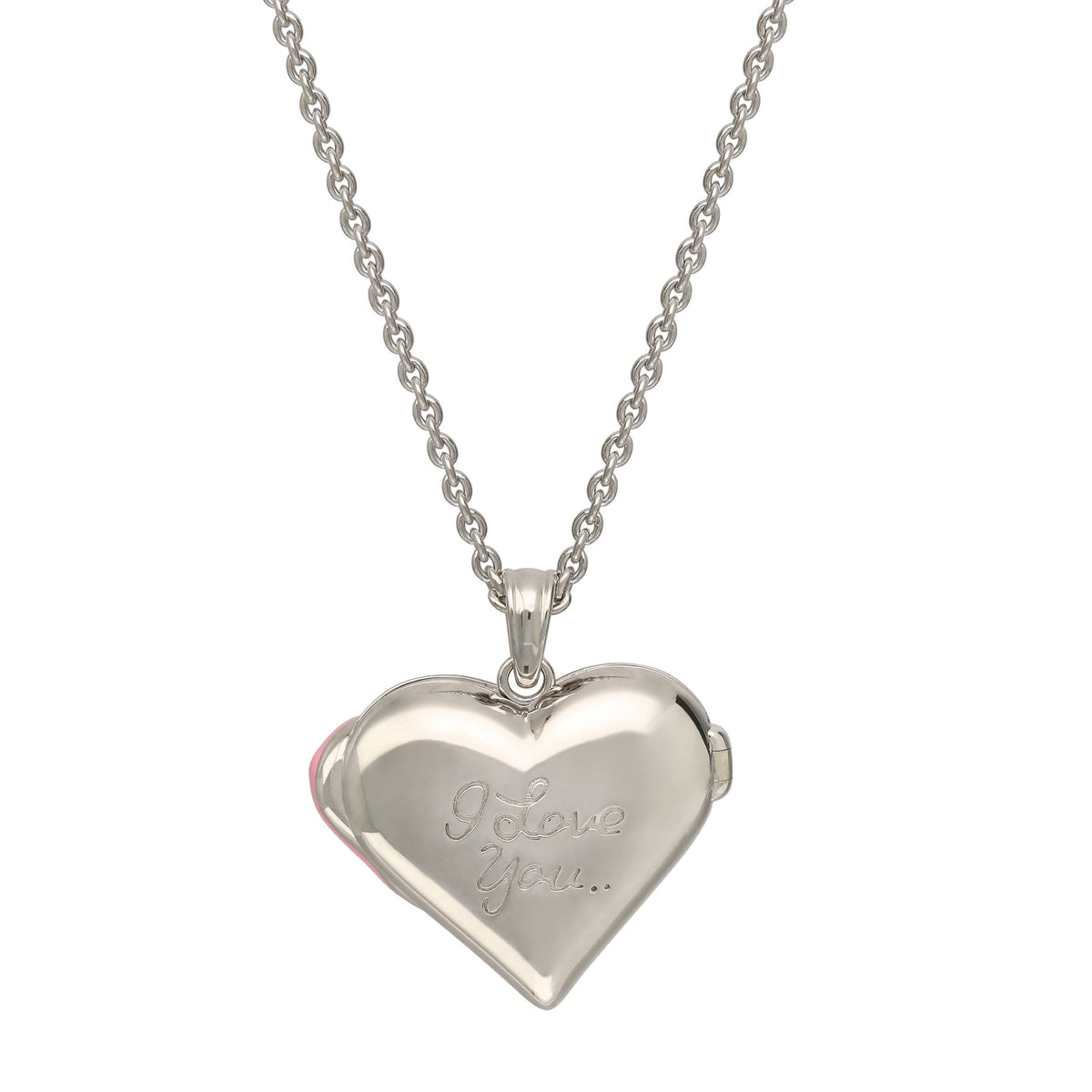 Silver heart-shaped locket with 'I love you' engraving on a white background