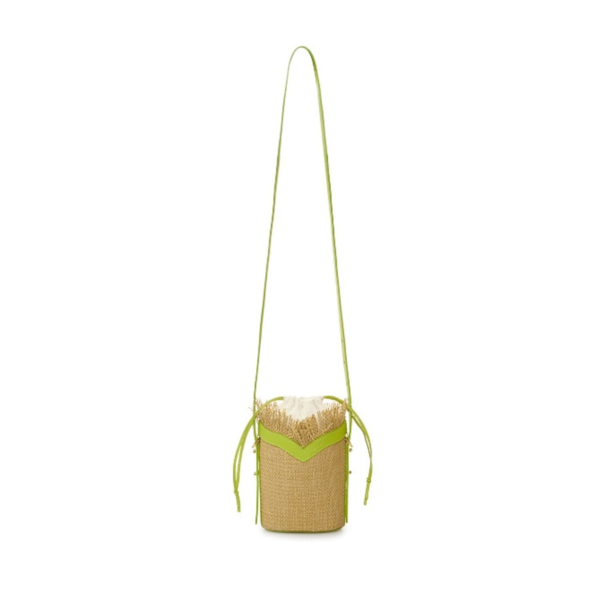 Small woven bag with a green strap on a white background