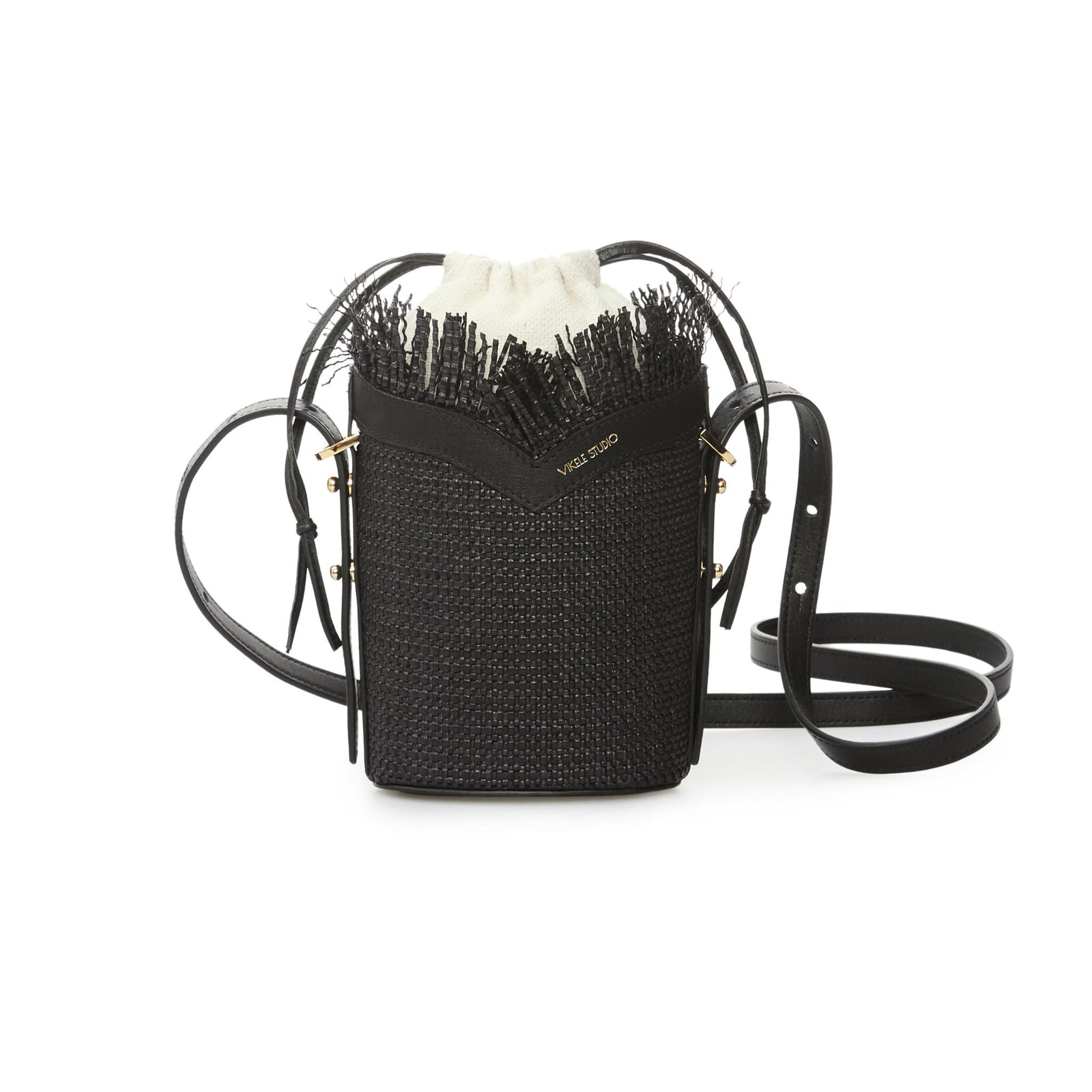 Black woven handbag with a strap on a white background