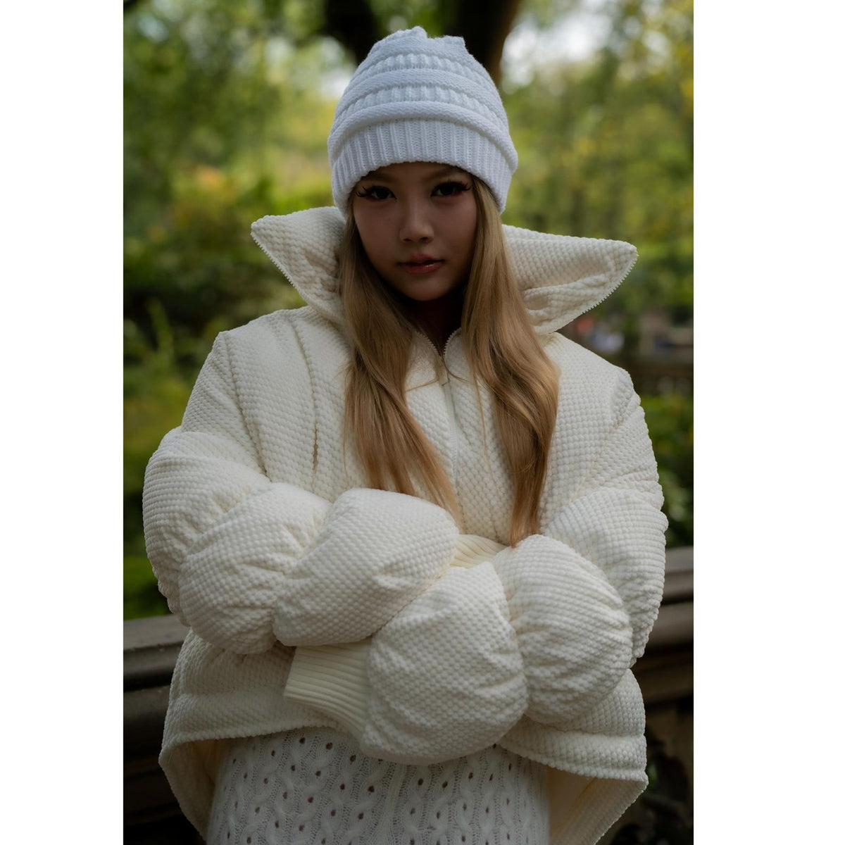 White Textured MIST Puffer Jacket with Curved Hem