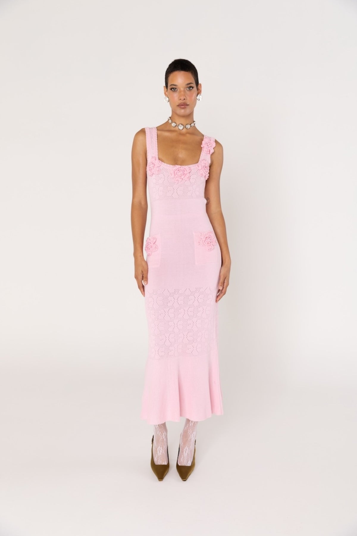 ANDREEVA - Rose Vanilla Knit Dress With Handmade Knit Details