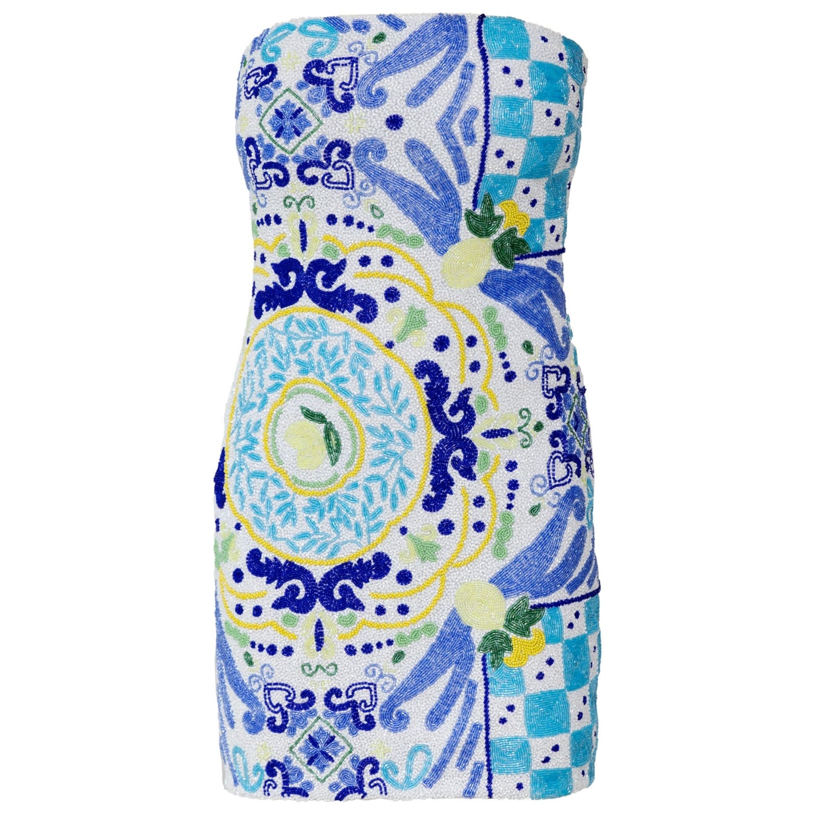 Limoncello Hand-Beaded Embellished Mini Dress | White/Blue