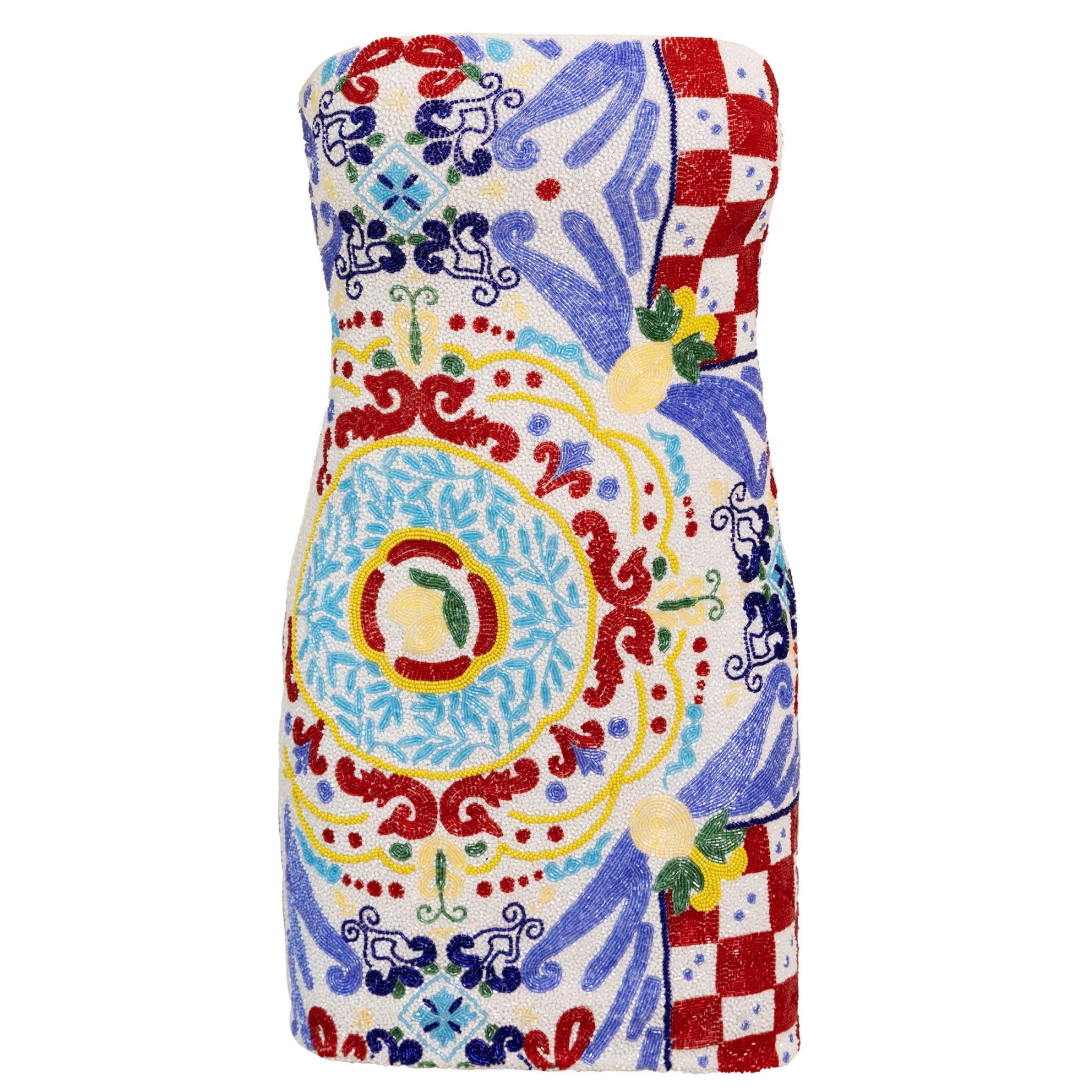 limoncello mini dress SELF ADORE - Limoncello Hand-Beaded Embellished Mini Dress | White/Red