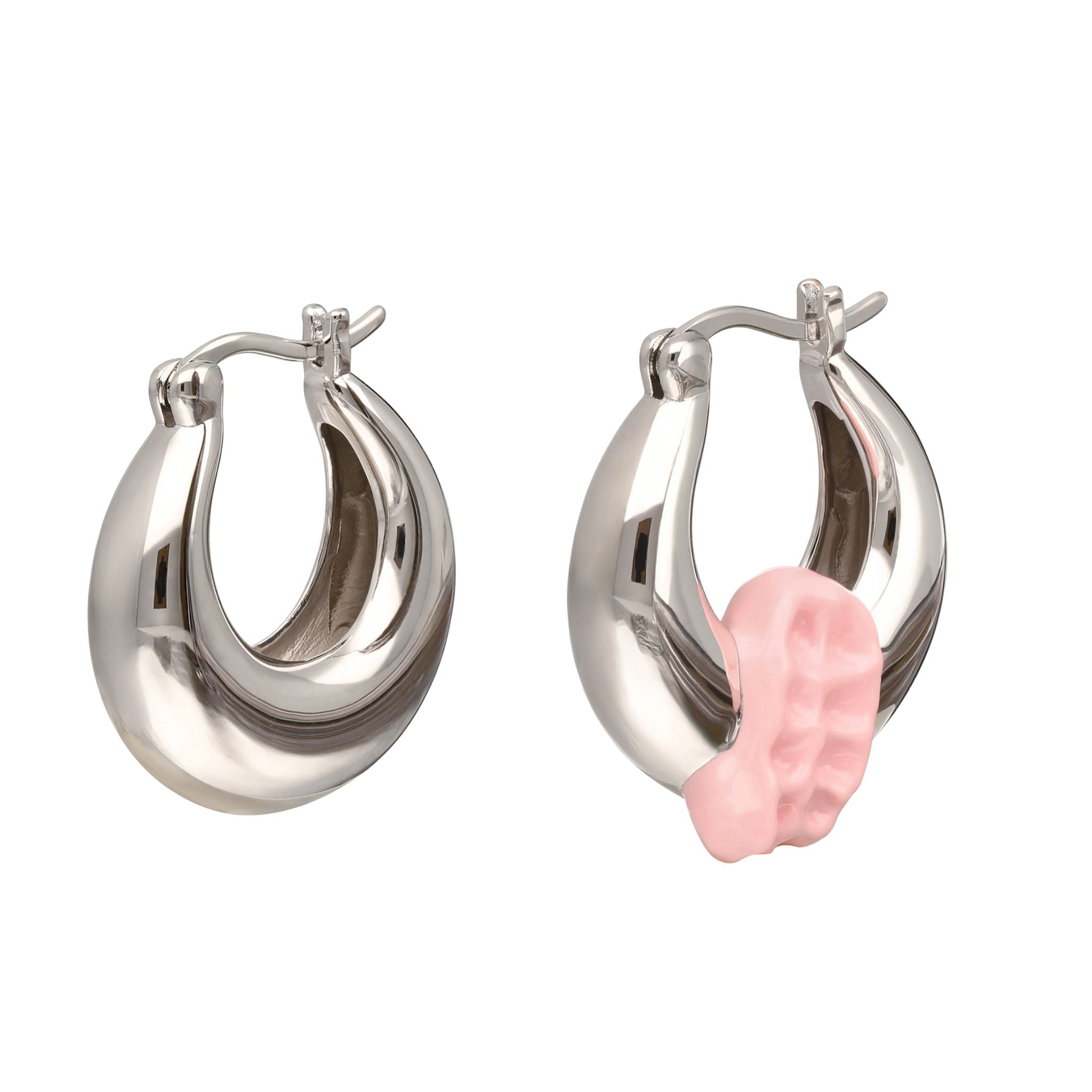 Silver hoop earrings with pink heart charms on a white background