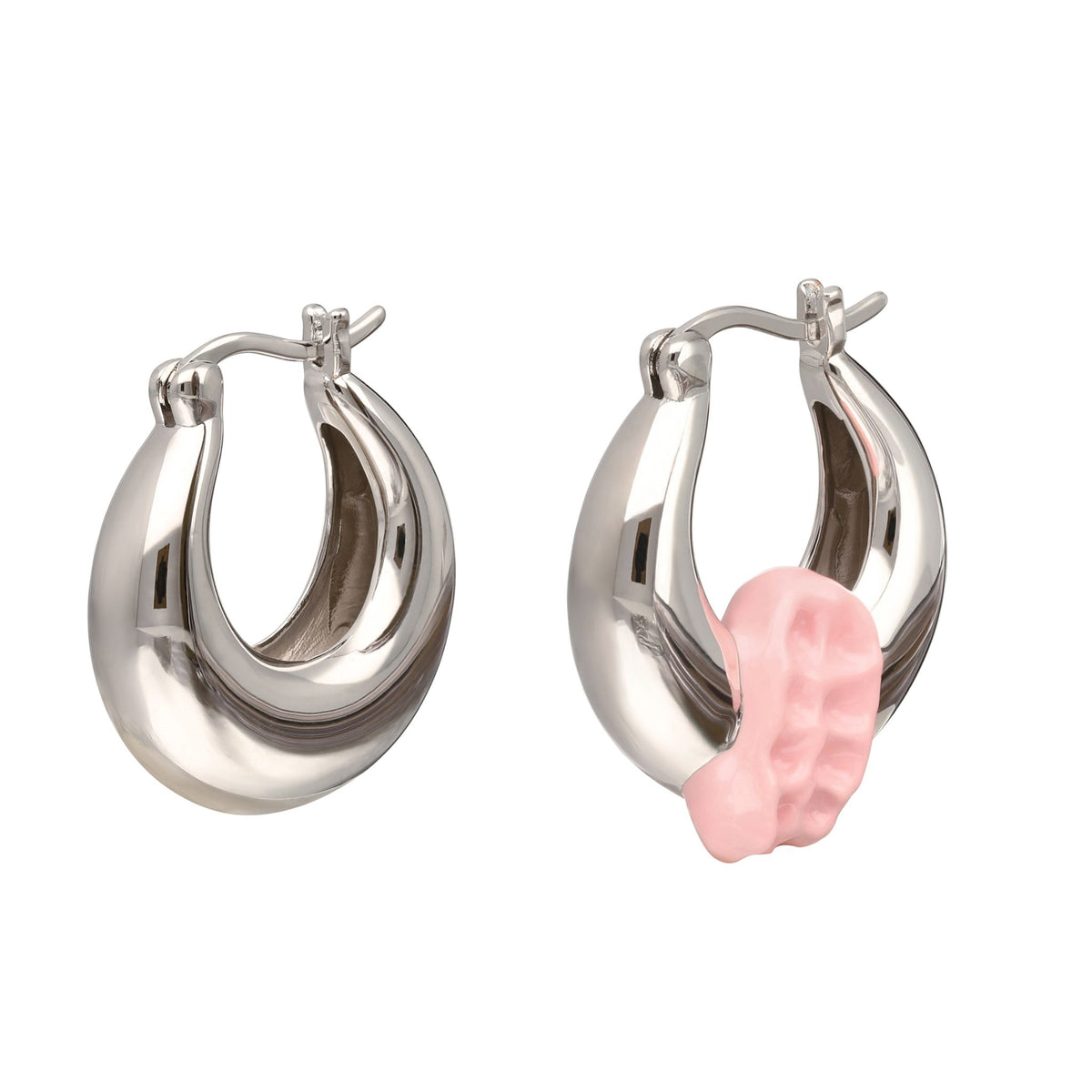 Silver hoop earrings with pink heart charms on a white background
