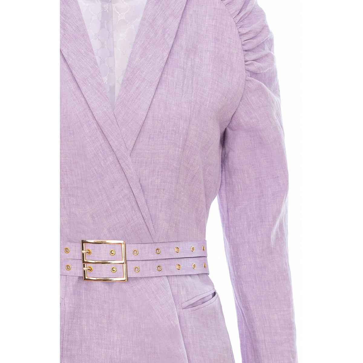 Gathered Raglan Sleeve Linen Blazer Dress With Double Belt - Lilac