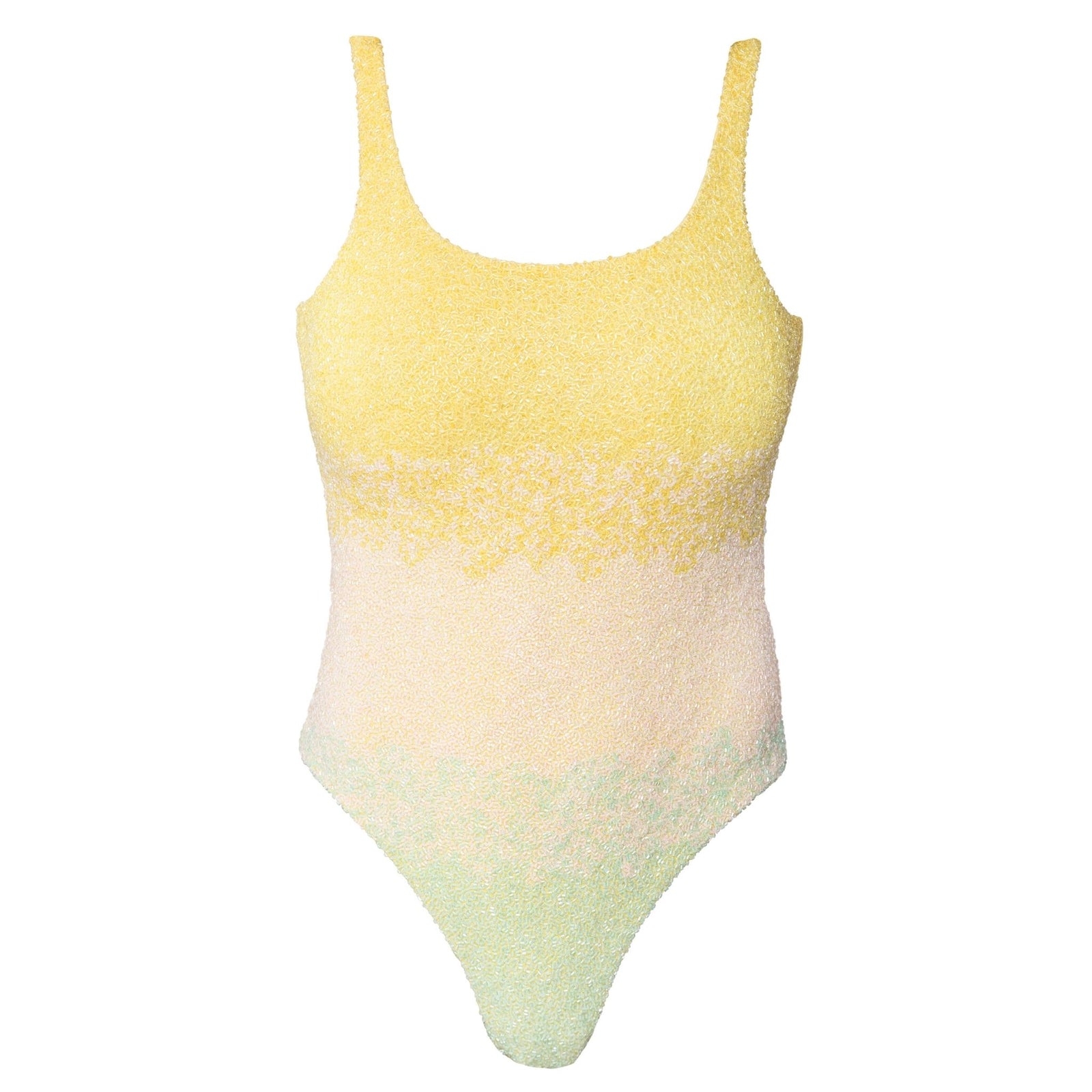 The SELF-ADORE Ombre Hand-Beaded Embellished One-Piece Swimsuit in yellow features a textured, terry cloth-like fabric and tank straps, making it an ideal addition to your resortwear collection.