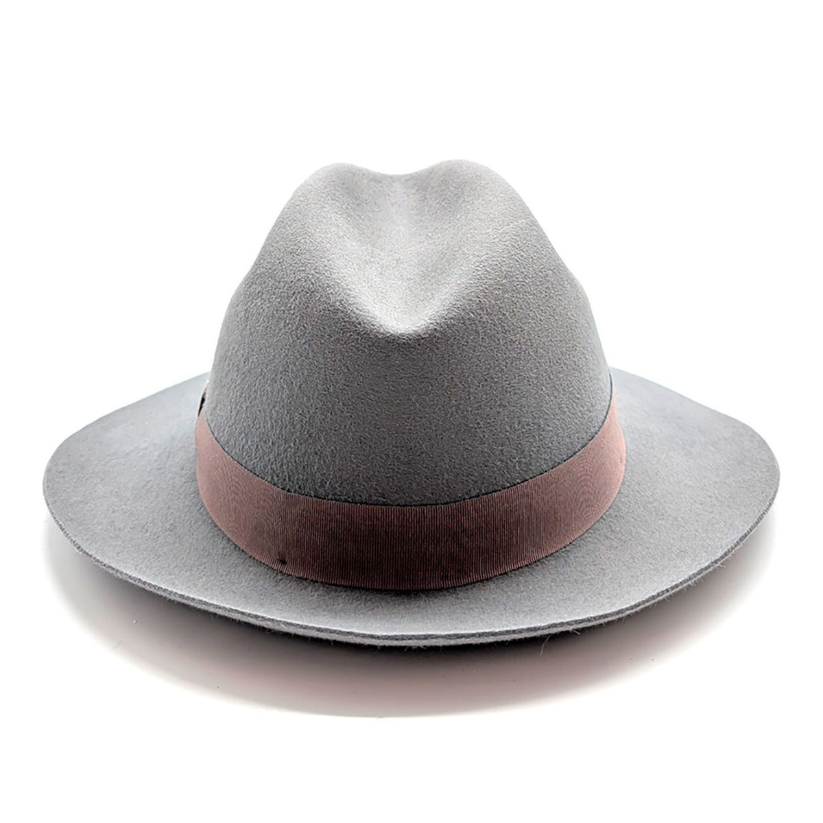 Gray fedora hat with a brown band on a white background