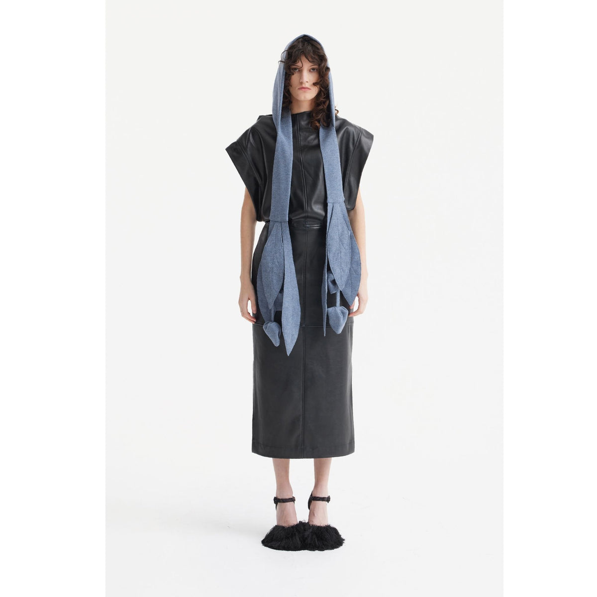 Self-Tie Double Knit Wool Hooded Scarf | Dusty Navy