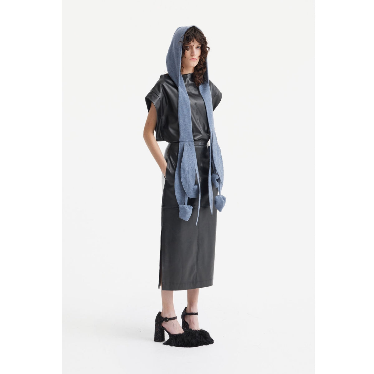 Self-Tie Double Knit Wool Hooded Scarf | Dusty Navy