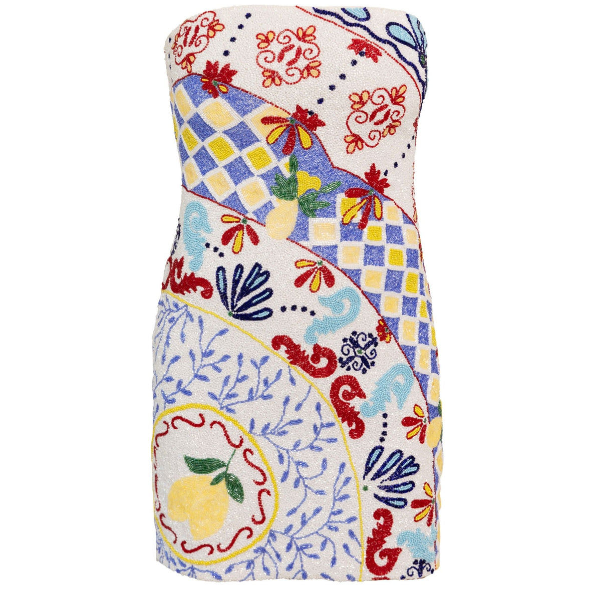 The Senorita Hand-Beaded Embellished Mini Dress by SELF-ADORE features colorful embroidery—lemons, red flowers, blue swirls, and yellow-blue checkerboard accents—on a strapless white base for an Italian-inspired look.