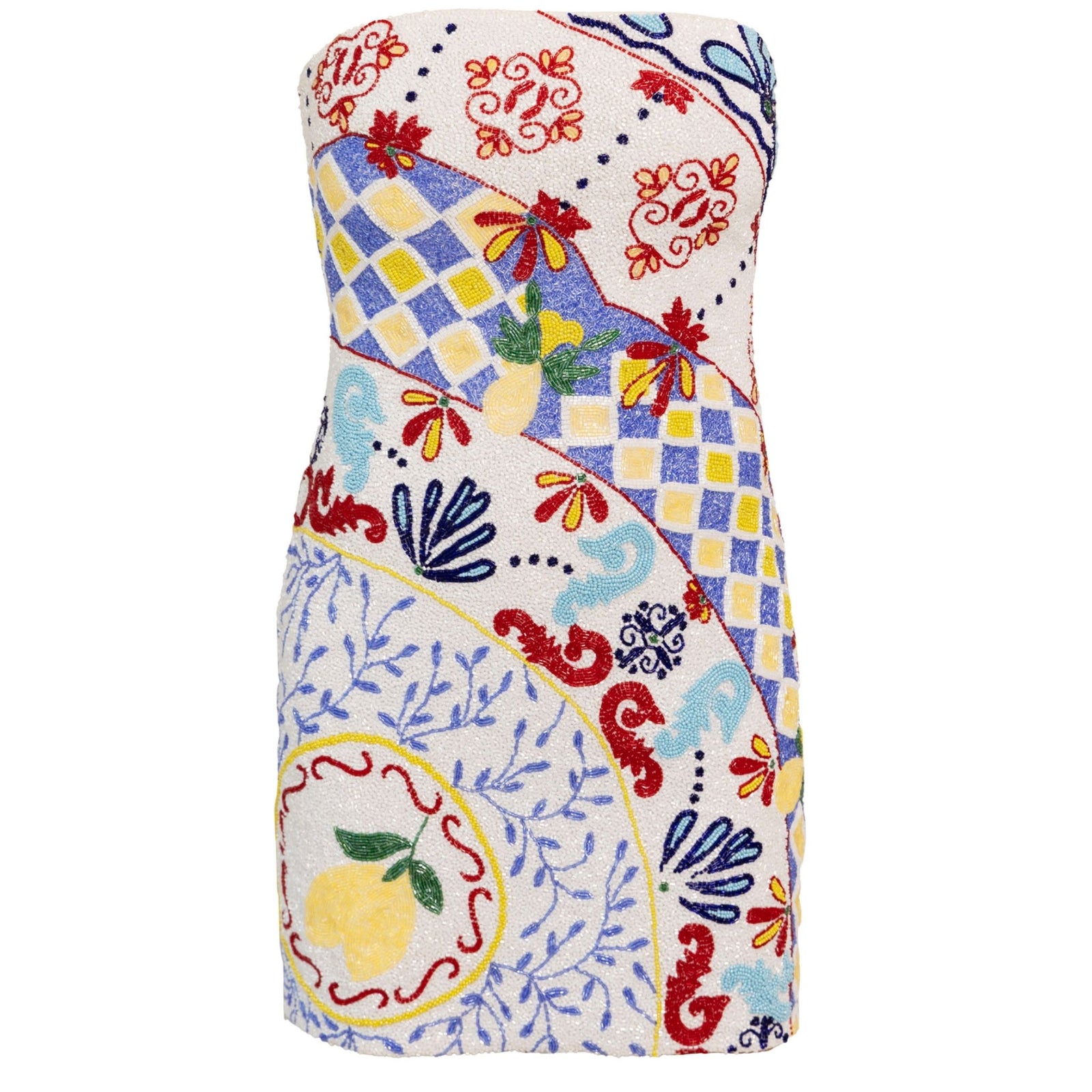 The Senorita Hand-Beaded Embellished Mini Dress by SELF-ADORE features colorful embroidery—lemons, red flowers, blue swirls, and yellow-blue checkerboard accents—on a strapless white base for an Italian-inspired look.