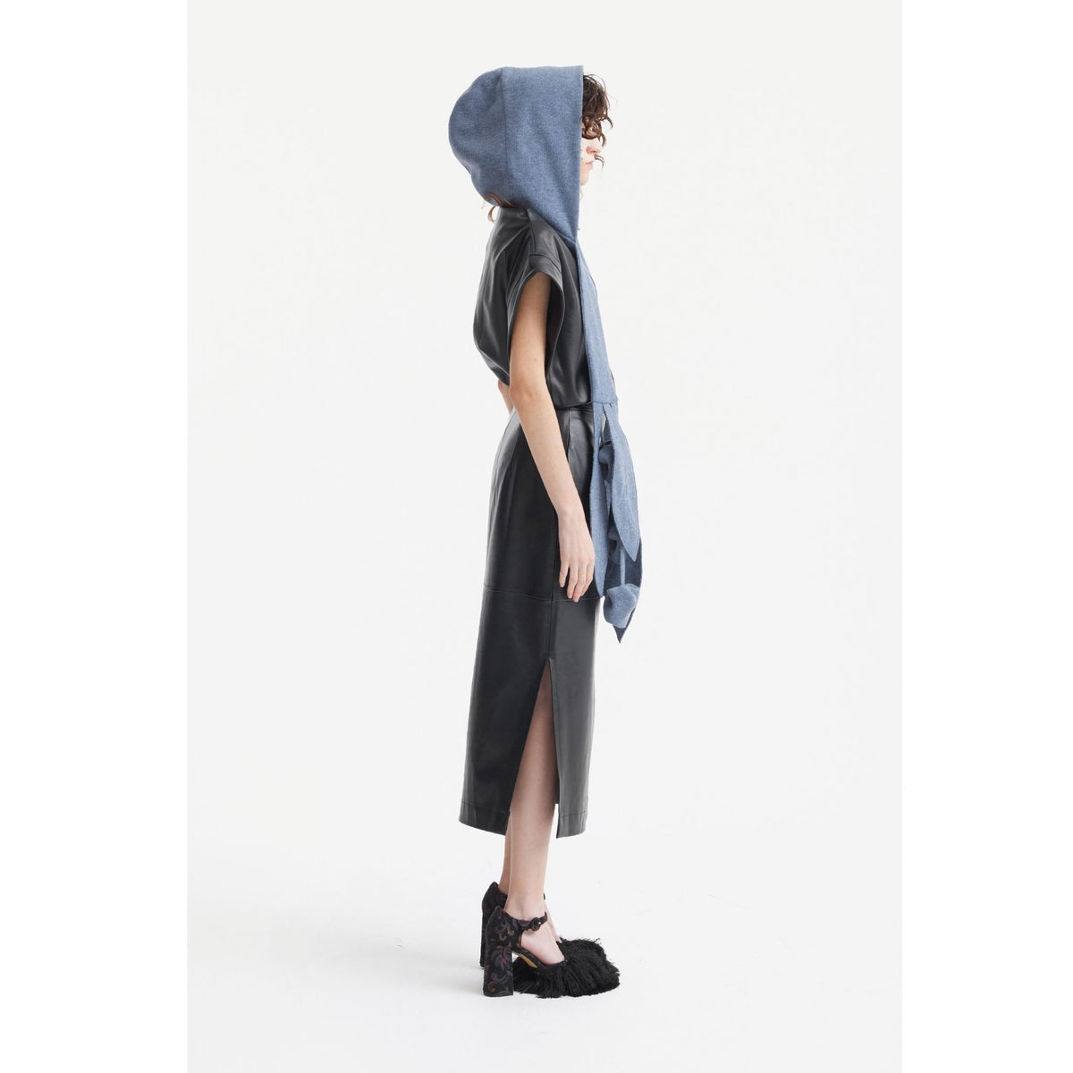 Self-Tie Double Knit Wool Hooded Scarf | Dusty Navy