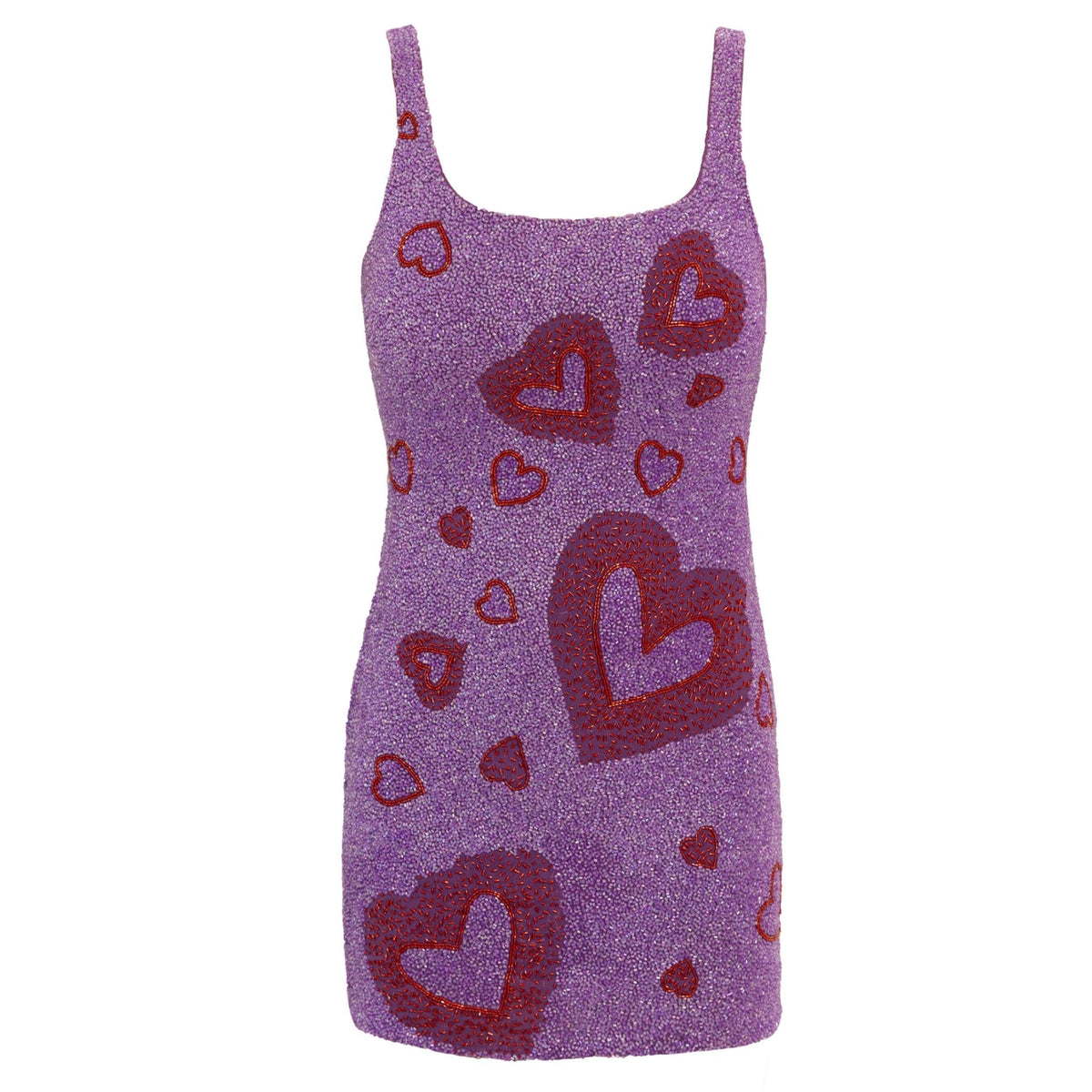 The SELF-ADORE Lust Hand-Beaded Embellished Mini Dress is a sleeveless, sparkly purple mini dress adorned with red and pink heart accents in various sizes.