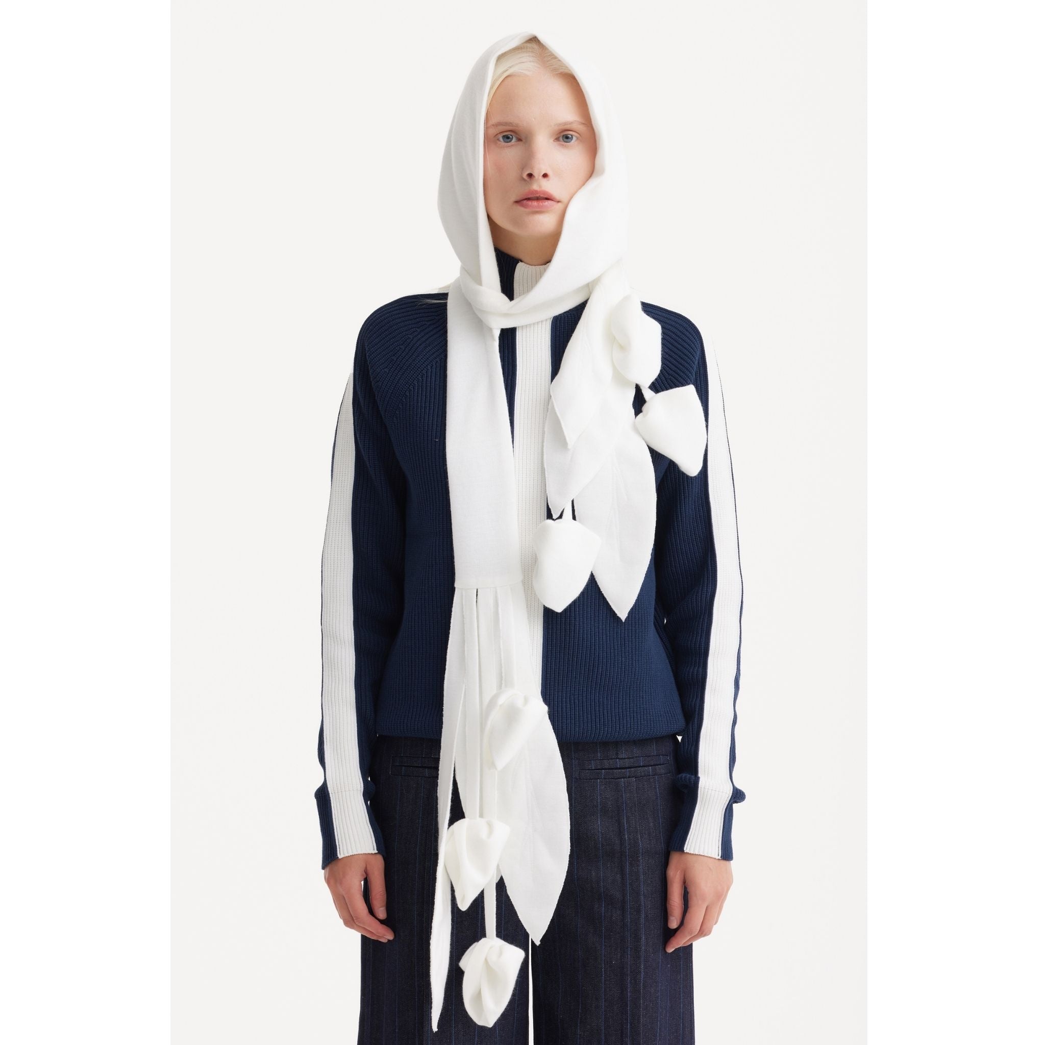 Self-Tie Double Knit Wool Hooded Scarf | Ivory