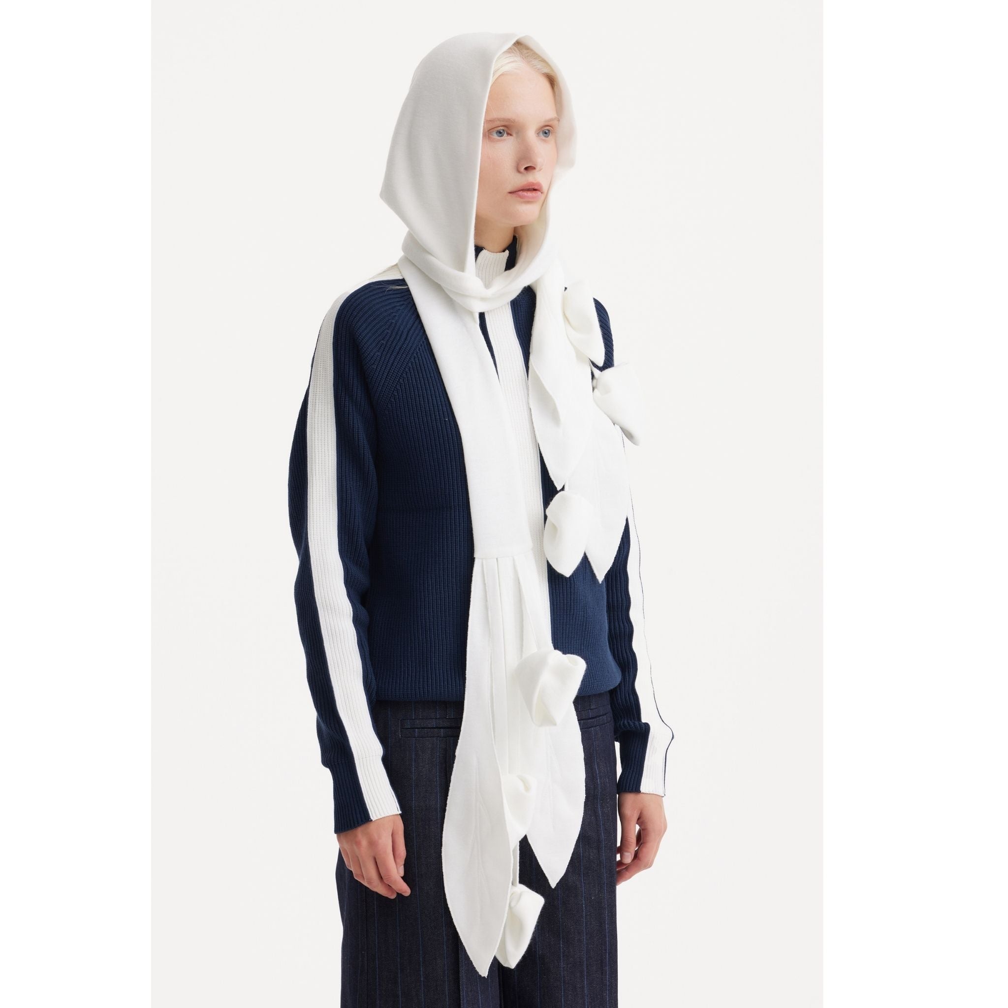 Self-Tie Double Knit Wool Hooded Scarf | Ivory