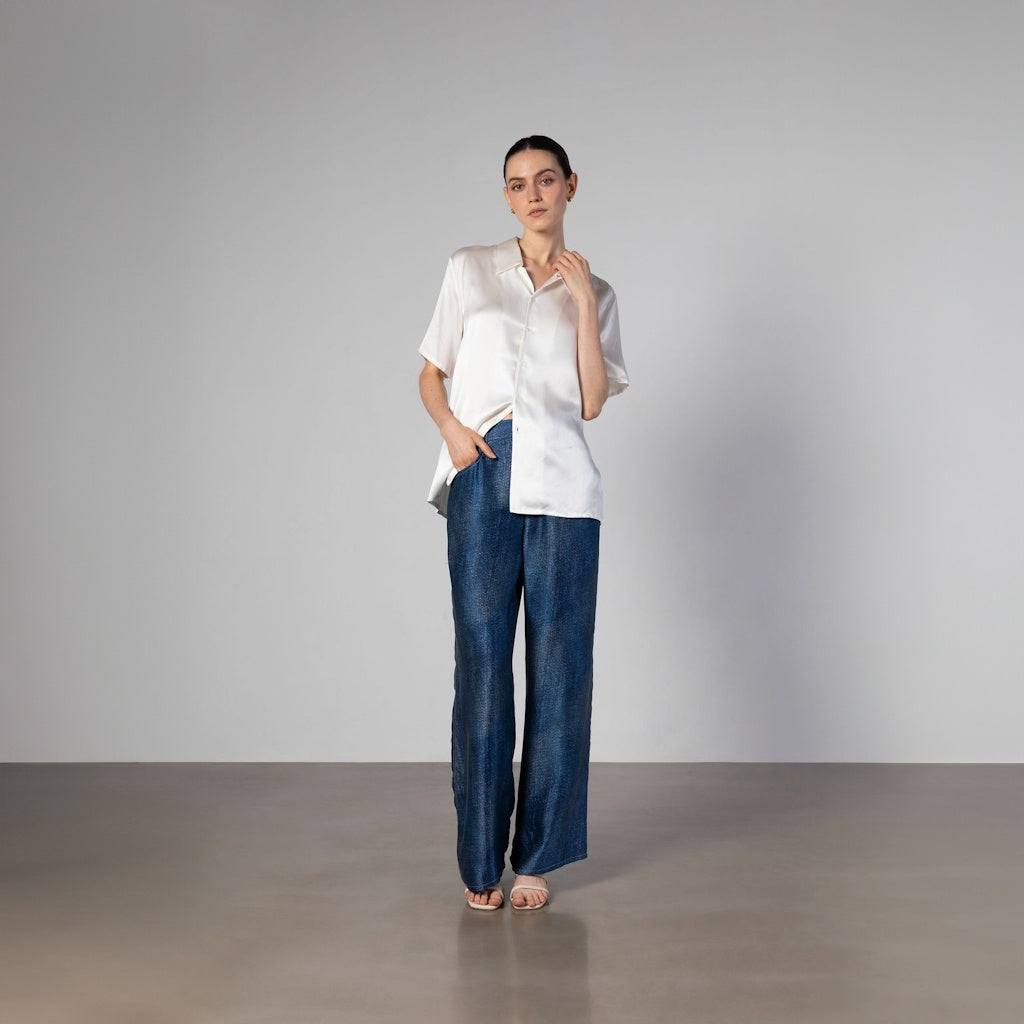 Silk Wide-Leg Jeans with Contrast Stitching