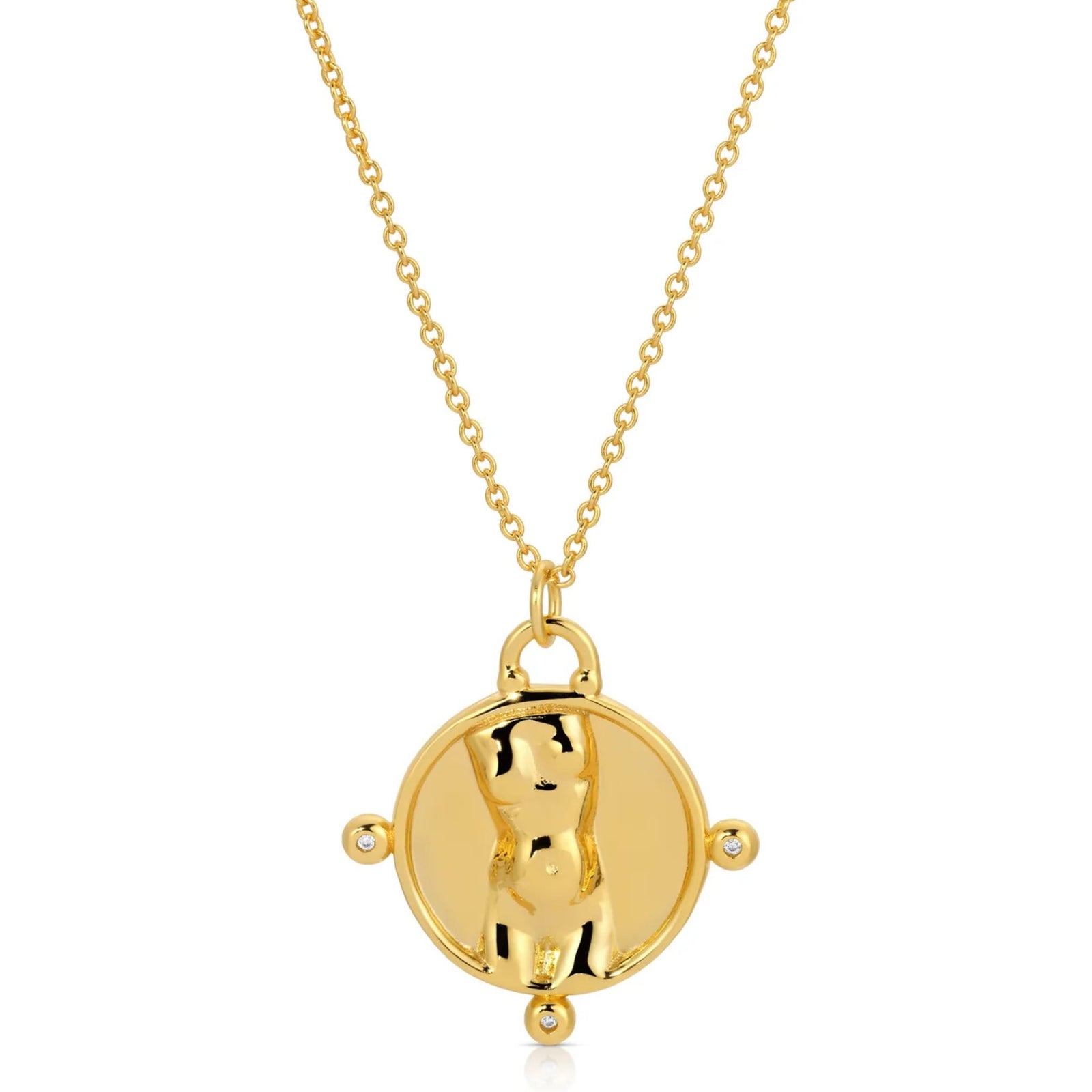 Gold necklace with a round pendant on a white background