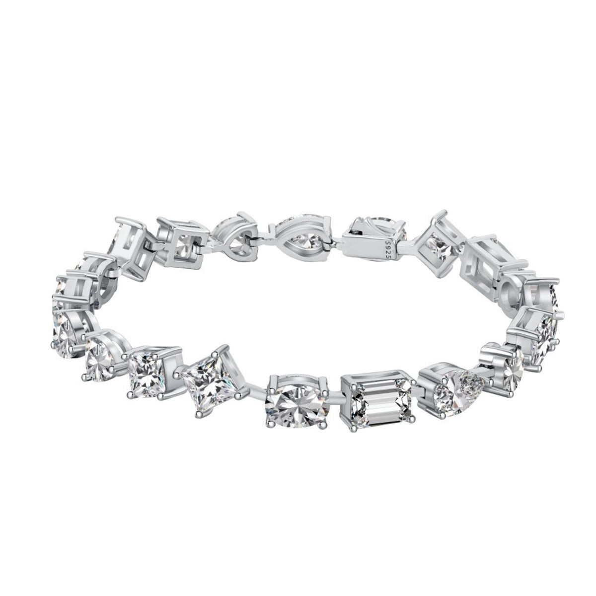 Diamond bracelet with various cut diamonds on a white background