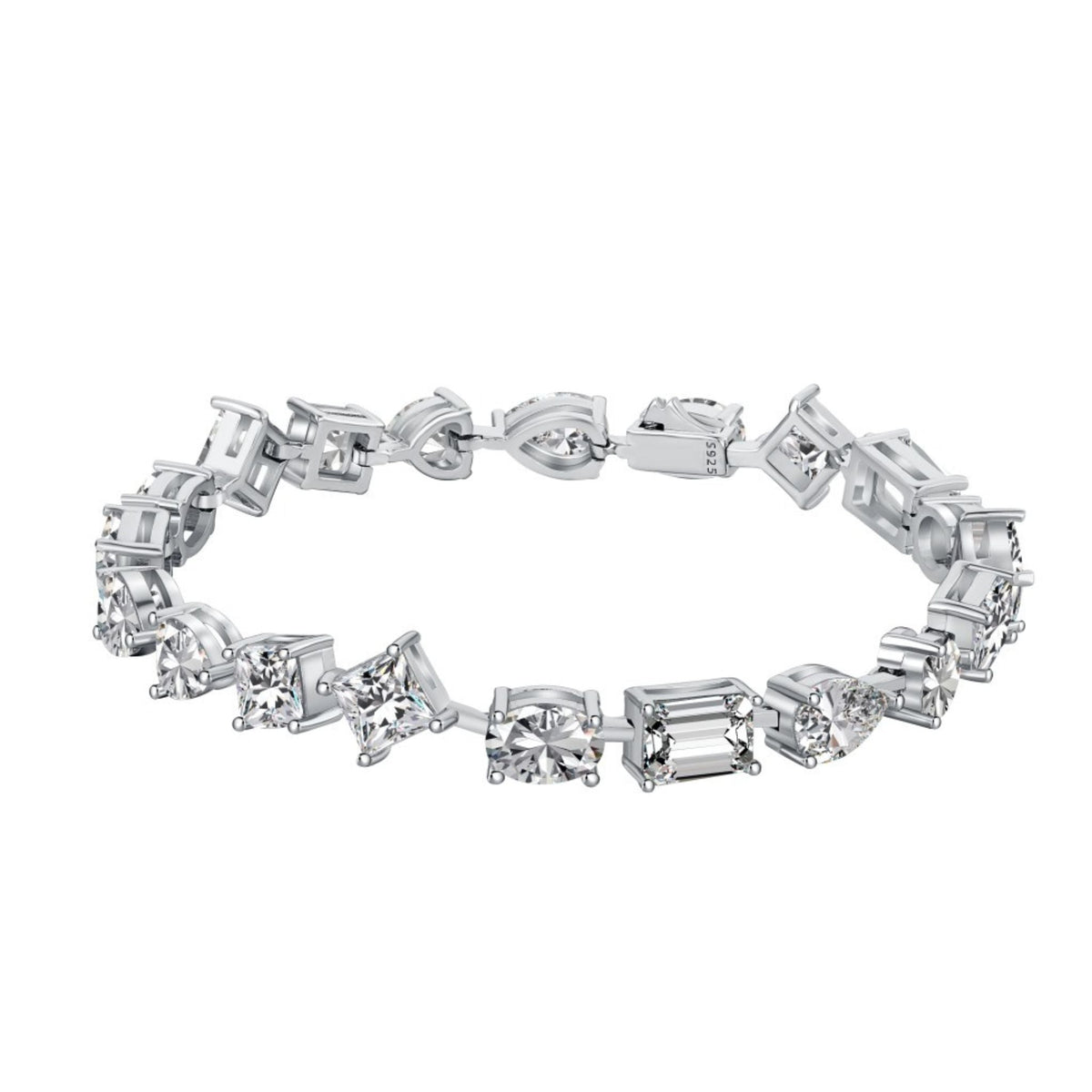 Diamond bracelet with various cut diamonds on a white background