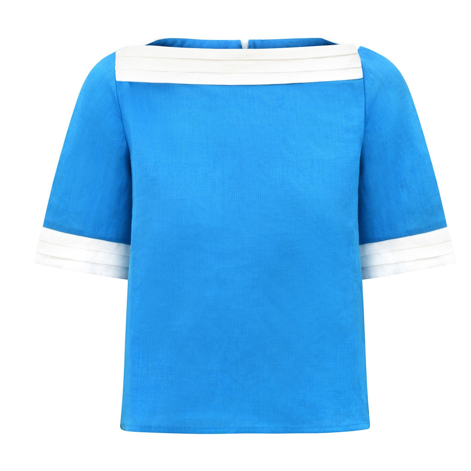 Front view of turquoise linen boat neck top with white trim
