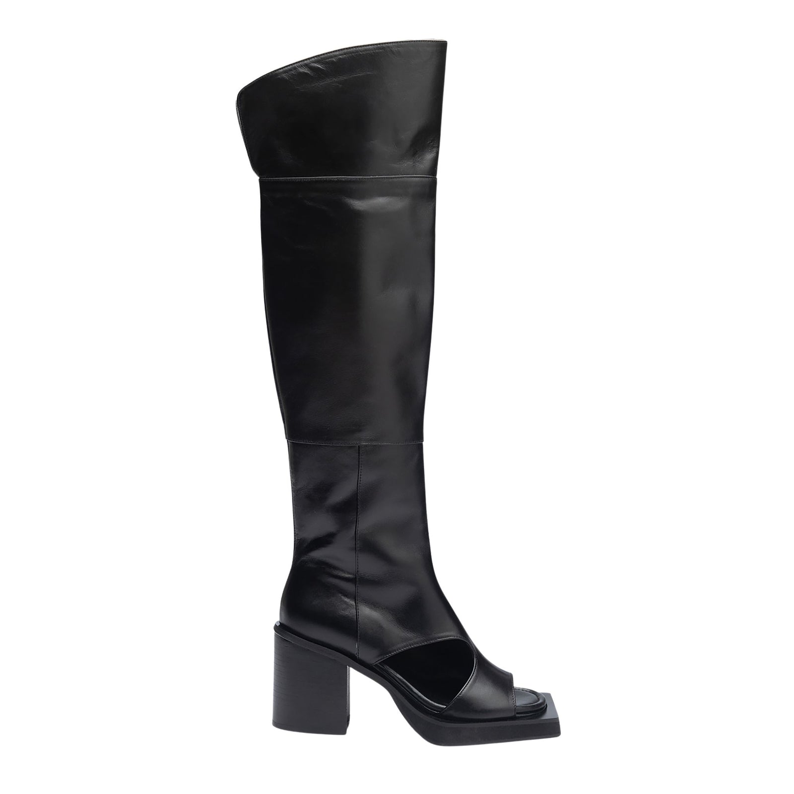 Black Open-Toe Knee-High Leather Boots