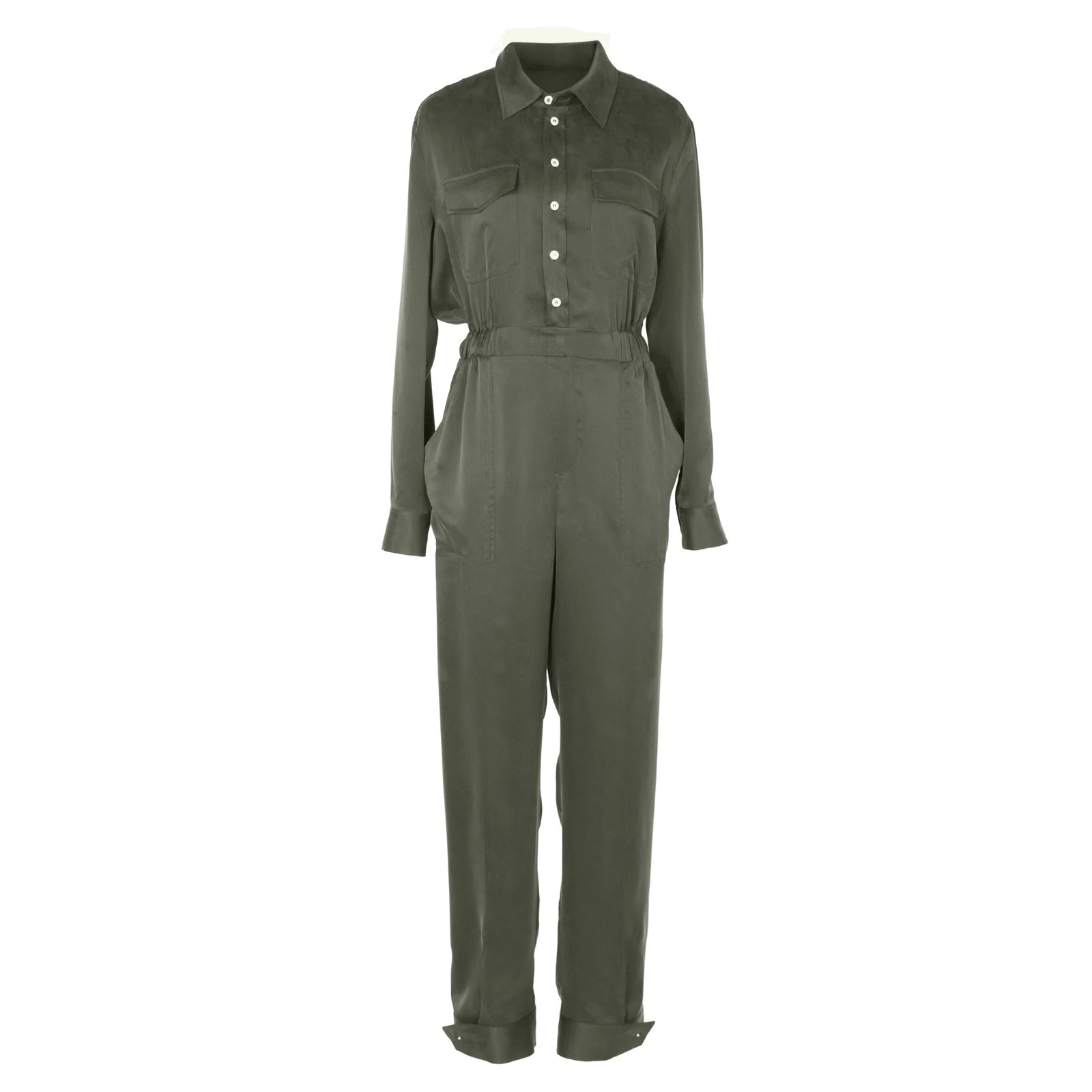 Olive Green Long Silk Utility Jumpsuit with Adjustable Cuffs