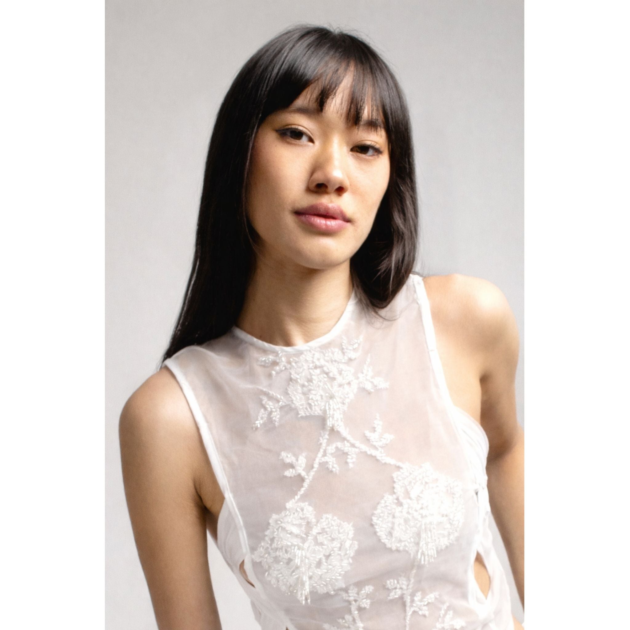 Embroidered Top with Detachable Sleeves | White