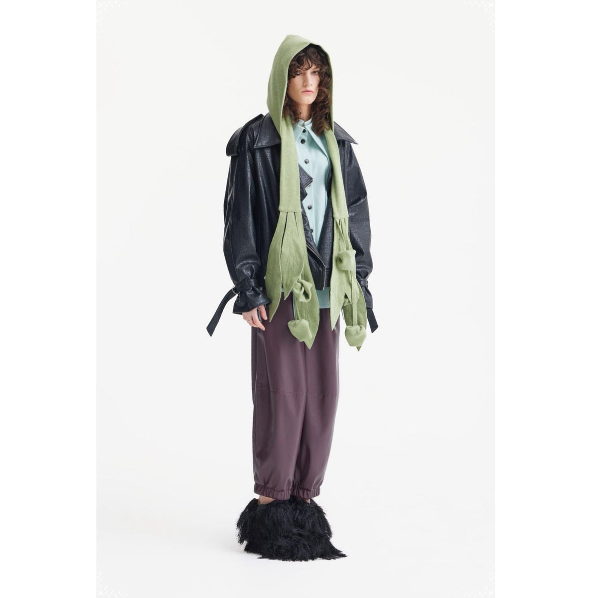 Self-Tie Double Knit Wool Hooded Scarf | Olive Green