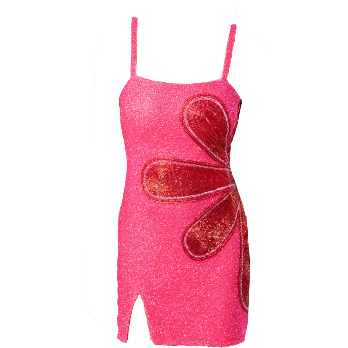 The SELF-ADORE Bloom Hand-Beaded Embellished Mini Dress features a bright pink sleeveless design, thin straps, a bold red flower petal front, front slit hem, and a glittery finish for a true statement look.