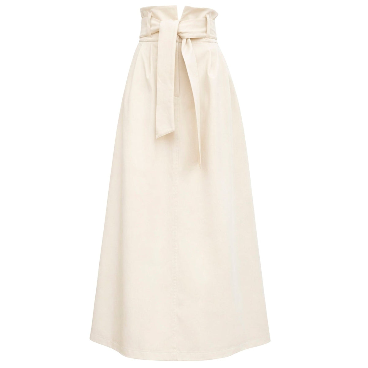 The Ecru High Waist A-Line Long Skirt With Belt by JULIA ALLERT features a corset-inspired waistband, matching fabric belt knotted at the front, soft flowy drape, and gentle A-line silhouette.