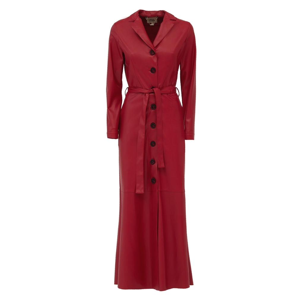 Long Button-Up Eco-Leather Trench Coat | Red