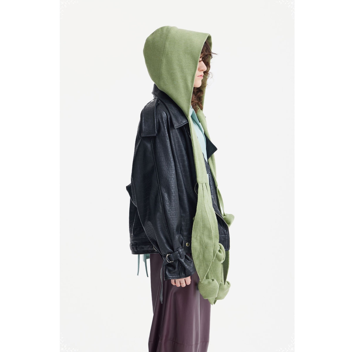 Self-Tie Double Knit Wool Hooded Scarf | Olive Green