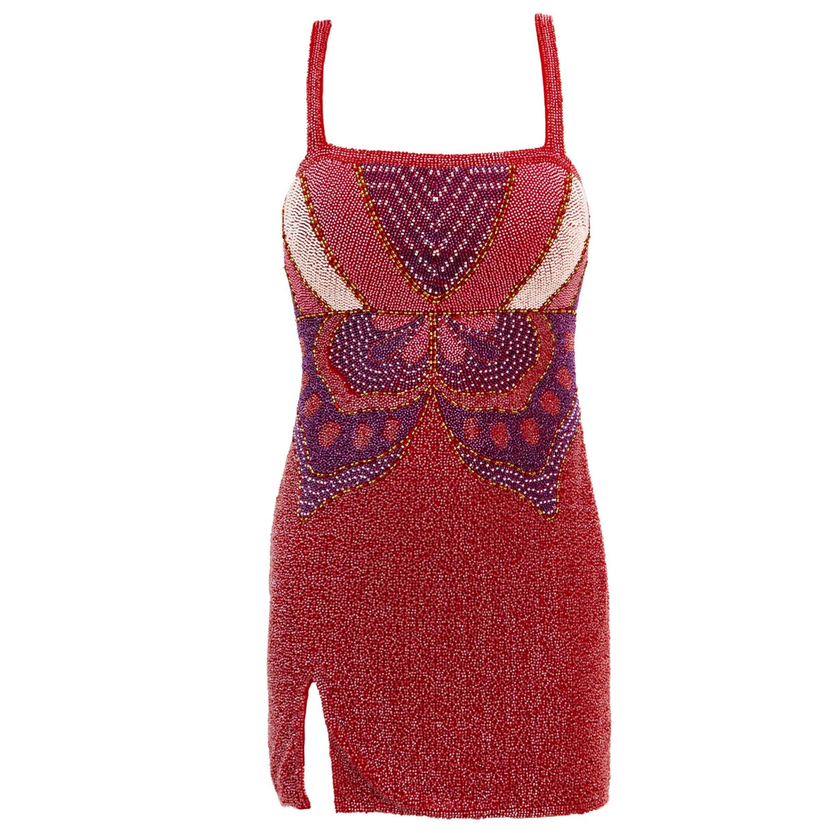 The SELF-ADORE Butterfly Hand-Beaded Embellished Mini Dress is a sleeveless red mini dress with a striking butterfly design, hand-beaded embellishments, square neckline, thin straps, and side slit—ideal for evening wear.