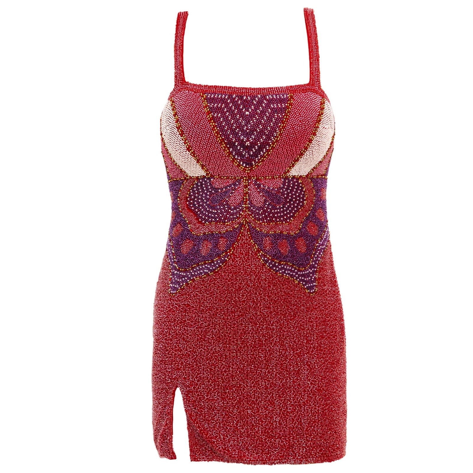 The SELF-ADORE Butterfly Hand-Beaded Embellished Mini Dress is a sleeveless red mini dress with a striking butterfly design, hand-beaded embellishments, square neckline, thin straps, and side slit—ideal for evening wear.
