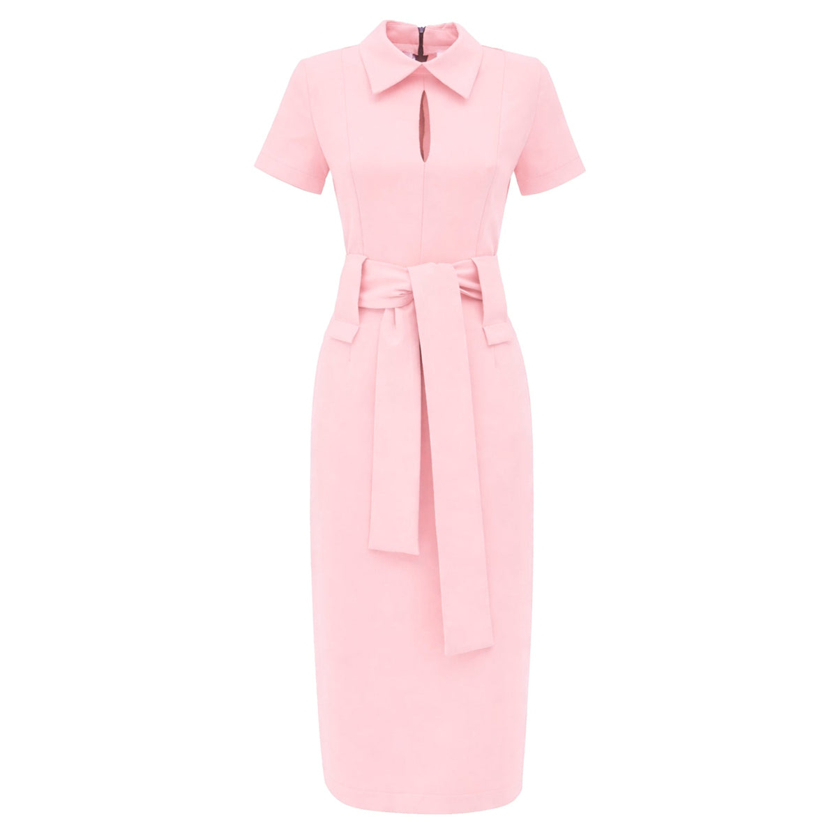 The Short Sleeve Midi Dress With Belt - Blush Pink by JULIA ALLERT is a knee-length, fitted dress with a pointed collar, keyhole neckline, belted waist bow, short sleeves, and back zip.