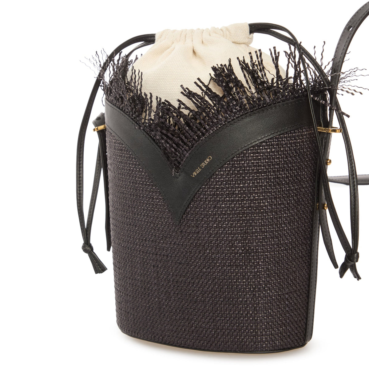 Black Woven Large Bucket Bag with Leather Trim